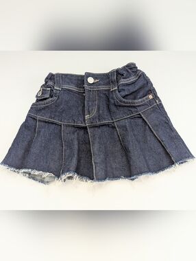 H&M Girls' (8-9) Dark Blue Denim Adjustable Waist Pleated Skirt w/Frayed-Hem